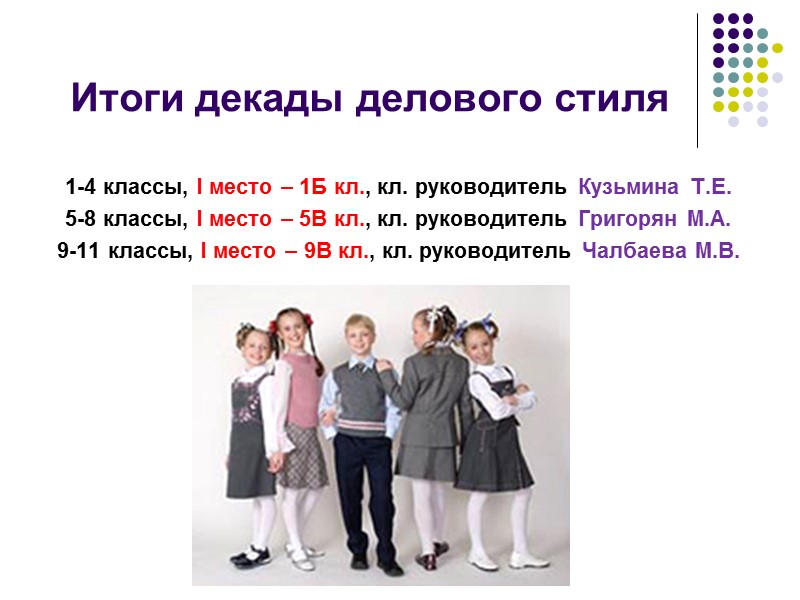 Итоги декады делового стиля 1-4 классы, I место – 1Б кл., кл. руководитель Кузьмина Итоги декады делового стиля 1-4 классы, I место – 1Б кл., кл. руководитель Кузьмина